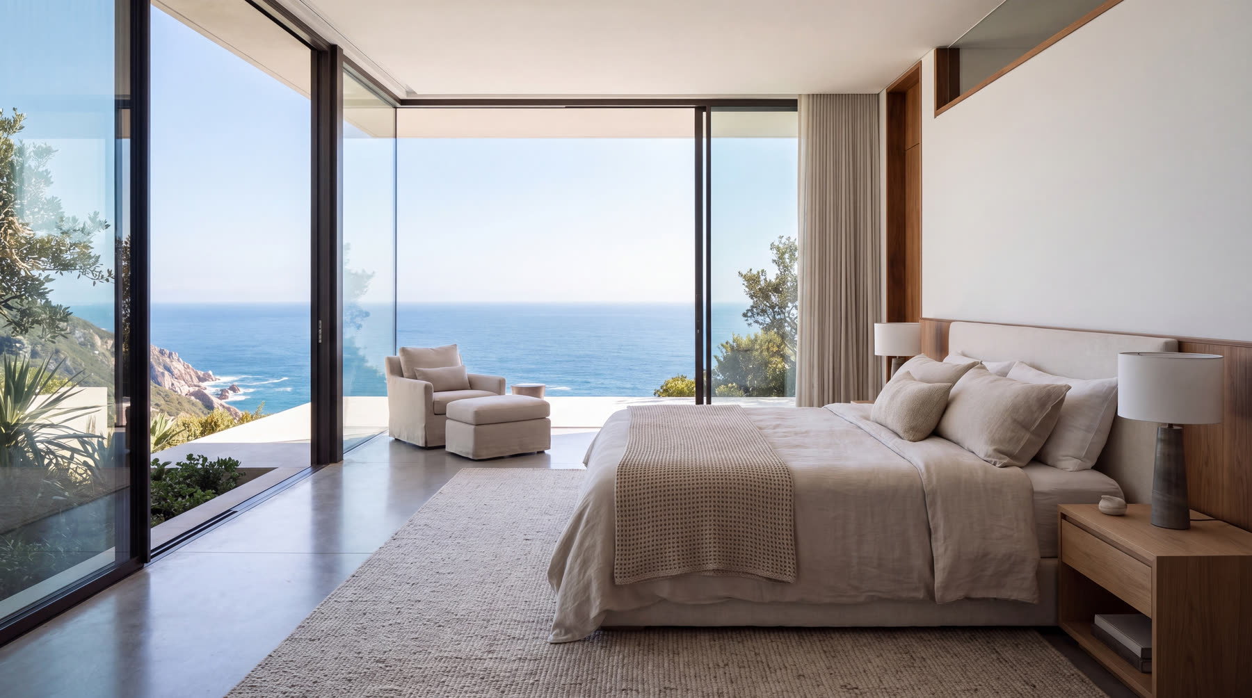 Principal bedroom with sliding glass wall open to the sea