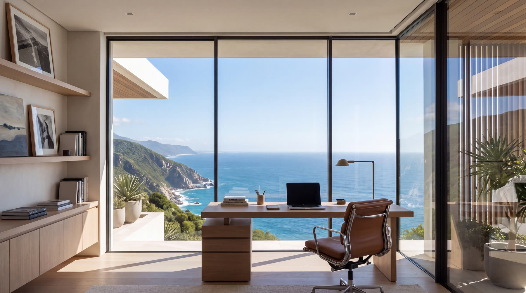 Study with walnut desk facing the coastline