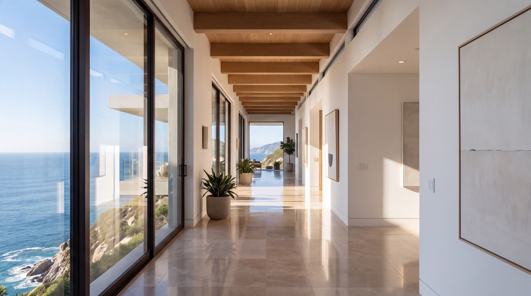 Gallery corridor with wood-beam ceiling and full-height glass