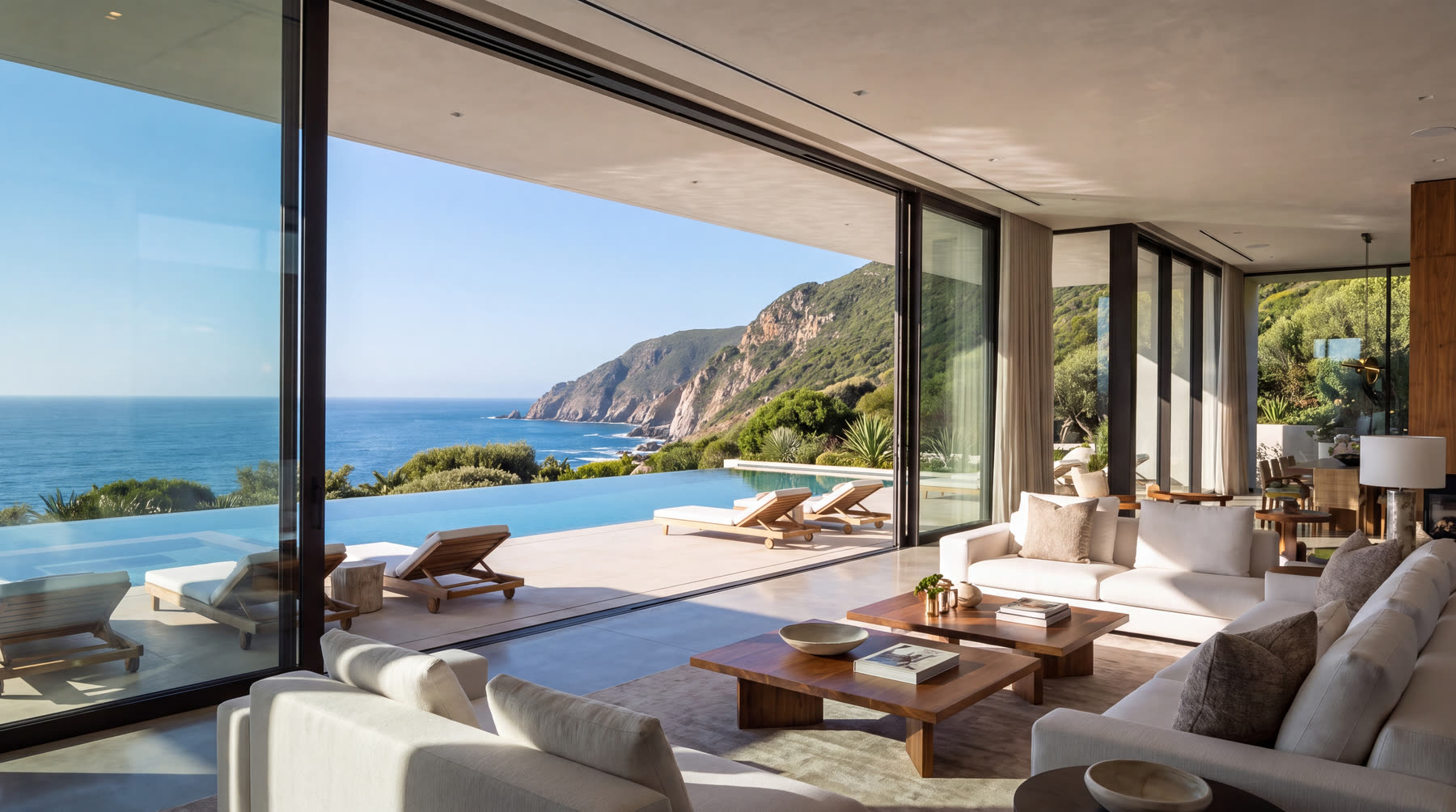 Living room opening onto the pool terrace and the ocean